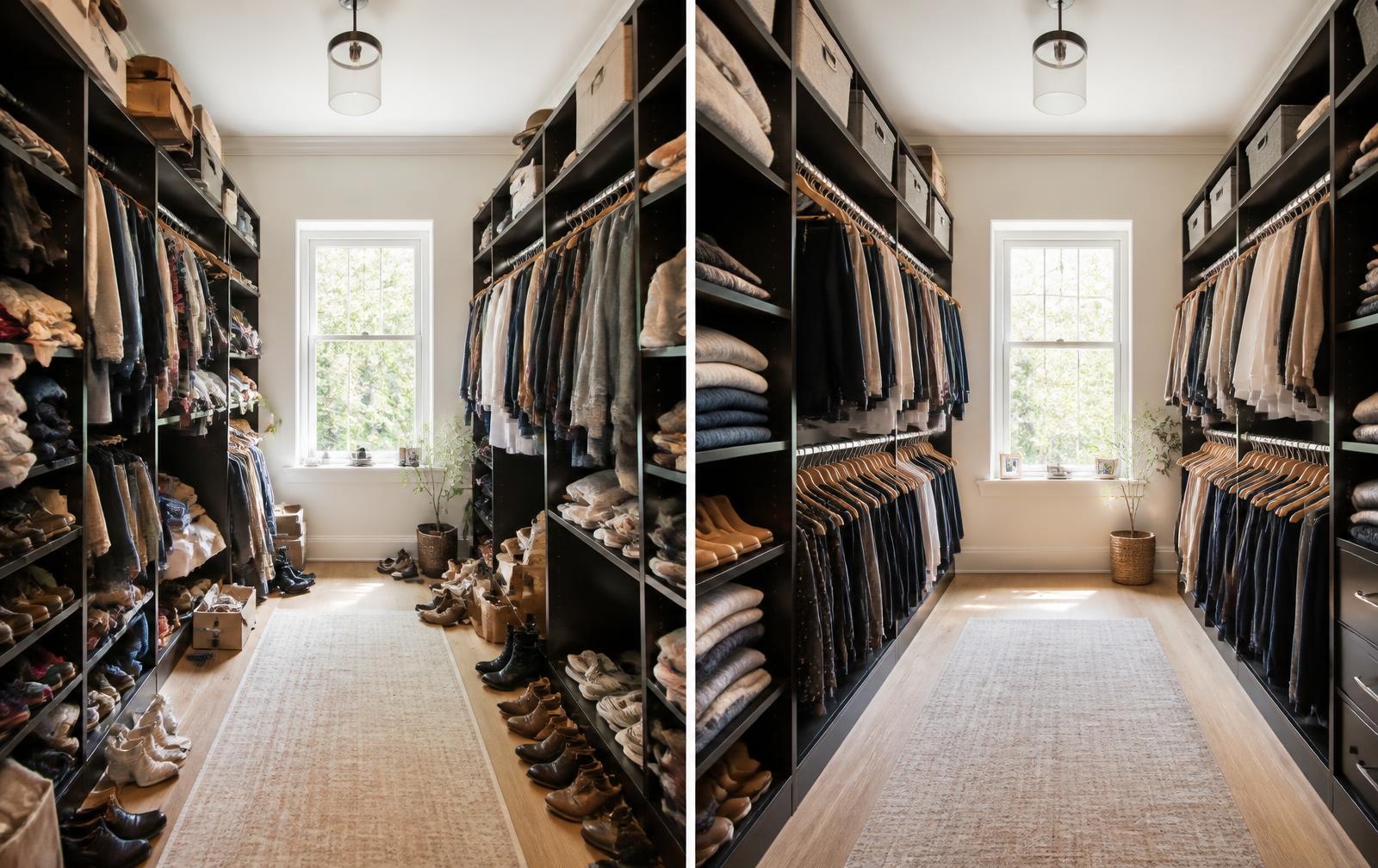 Walk-in closet transformation, cluttered before view